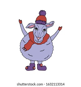 Cheerful sheep in a red hat and knitted scarf waving and smiling, isolated on a white background.