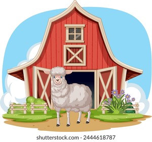 A cheerful sheep standing in front of a barn.