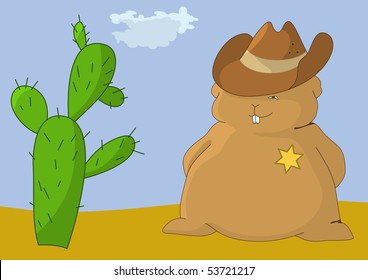 The cheerful sheriff-pillow in a cowboy's hat with a gold star of sheriff on his breast looking at cactus