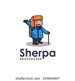 Cheerful Sherpa backpacker logo icon cartoon mascot vector illustration on white background