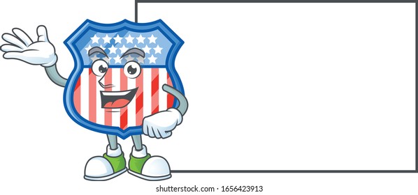 Cheerful shield badges USA mascot style design with whiteboard