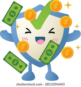 Cheerful shield character joyfully surrounded by coins and bills. Bright eyes sparkle with excitement. Green check mark symbolizes success and protection