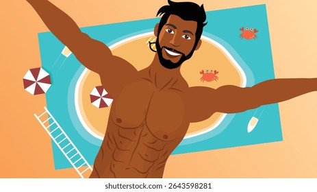 A cheerful shirtless man posing on a red float in a clear swimming pool