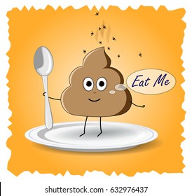 Cheerful shit with spoon and bubble "eat me". Facetious poop. The comic illustration. VECTOR