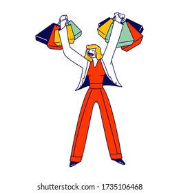 Cheerful Shopaholic Girl Character with Purchases in Colorful Paper Bags. Happy Woman Holding Shopping Packages. Female Buyer Having Fun during Seasonal Sale, Discount. Linear Vector Illustration