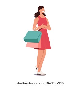 Cheerful Shopaholic Girl with Purchases in Colorful Paper Bags. Happy Woman Use Personal Fashion Stylist Service, Female Buyer Fun, Doing Shopping, Seasonal Sale, Discount. Cartoon Vector Illustration