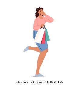 Cheerful Shopaholic Girl with Purchases in Colorful Paper Bags. Happy Woman Holding Shopping Packages. Female Buyer Having Fun Doing Shopping. Seasonal Sale, Discount, Cartoon Vector Illustration