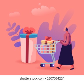 Cheerful Shopaholic Girl Pushing Trolley with Purchases and Gift Boxes. Happy Woman with Packages. Female Buyer Have Fun Doing Shopping. Seasonal Sale, Discount Coupon. Flat Vector Illustration