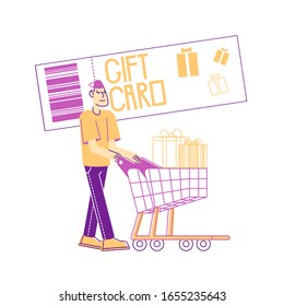 Cheerful Shopaholic Pushing Trolley with Purchases and Gift Boxes. Happy Man with Packages, Buyer Have Fun Doing Shopping with Gift Coupon. Seasonal Sale Cartoon Flat Vector Illustration, Line Art
