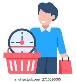 El comprador alegre equilibra el tiempo y los recados, simbolizando experiencias minoristas eficientes y transacciones rápidas del consumidor perfectas para los conceptos de servicio.
