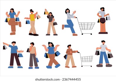 Cheerful shoppers characters illustration set