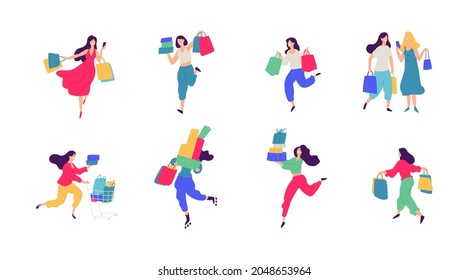 Cheerful shoppers characters illustration. Vector. Happy people with purchases. Buyers with goods and packages. Each hero is isolated on a white background. Discounts and Black Friday for consumers.