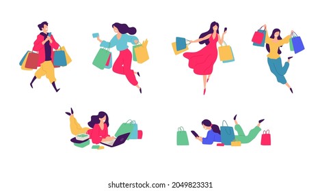 Cheerful shoppers characters illustration. Vector. Happy people with purchases. Buyers with goods and packages. Each hero is isolated on a white background. Discounts and Black Friday for consumers.