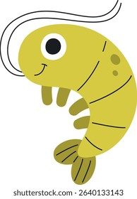 A cheerful shrimp with a big eye and curved antennae in a playful drawing style. The shrimp is depicted with a happy expression and simple lines. Cartoon vector illustration.
