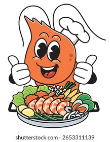 Um personagem animado de chef de camarão alegre dando dois polegares atrás de um prato de frutos do mar vibrante. O prato está cheio de camarão, mexilhões, legumes e cogumelos.