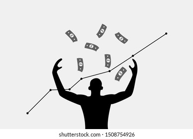 cheerful silhouette man and falling banknotes rising graph grey background 