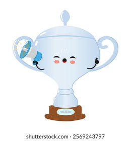 Cheerful Silver trophy cup character holding a megaphone. Vector hand drawn cartoon kawaii character illustration icon. Isolated on white background. Silver trophy cup screams character concept