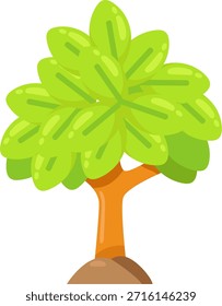 Un alegre y sencillo árbol de dibujos animados con un exuberante follaje verde y un robusto tronco marrón, perfecto para libros infantiles o diseños de temática natural.