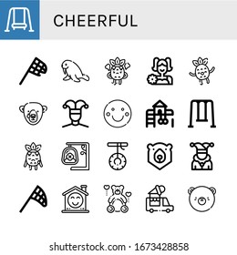 cheerful simple icons set. Contains such icons as Swing, Butterfly net, Walrus, Angry, Cheerleader, Happy, Bear, Buffoon, Smile, Playground, can be used for web, mobile and logo