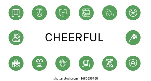 cheerful simple icons set. Contains such icons as Swing, Bear, Shopper, Walrus, Sad, Playground, Buffoon, Angry, Joker, Cheerleader, Butterfly net, can be used for web, mobile and logo