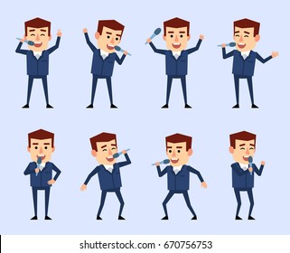 Cheerful singer in blue suit posing with microphone in diverse situations. Funny businessman singing. Simple vector illustration
