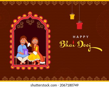 Irmã Alegre Aplicando Tilak Ou Mark Na Testa De Seu Irmão Em Fundo Marrom Para Feliz Festival De Bhai Dooj.