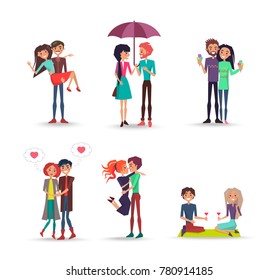 Cheerful six pair of lovers on white background vector illustration. Woman and man holds ice cream and glasses with wine, stands under one umbrella.