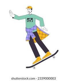 Cheerful skater flat line color vector character. Editable outline full body man rides on skateboard on white. Simple cartoon spot illustration for web graphic design