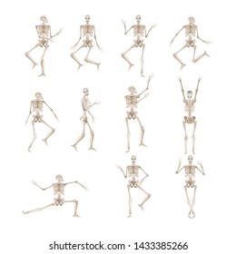 Cheerful skeleton in different poses dancing and jumping for Halloween party design. Scary objects vector illustration isolated on white background.