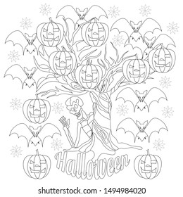 A cheerful skeleton peeps out from behind a tree on which instead of fruits hang pumpkins. The composition is complemented by bats and single flowers. Halloween. Zenart. Anti-stress coloring.

