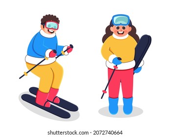 Cheerful Skier Boy And Girl Character On White Background.
