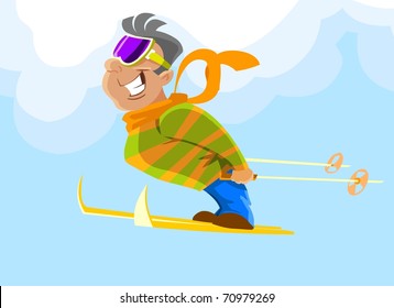 Cheerful skier jumping against the blue sky. Vector version.