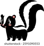 A cheerful skunk with a fluffy tail stands happily, showcasing its friendly expression and cartoonish features.