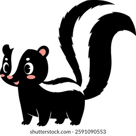 A cheerful skunk with a fluffy tail stands happily, showcasing its friendly expression and cartoonish features.