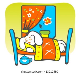 Cheerful sleeping cartoon puppy  on a green background.