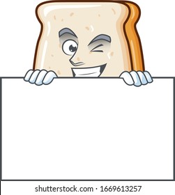 Cheerful slice of bread cartoon character has a board