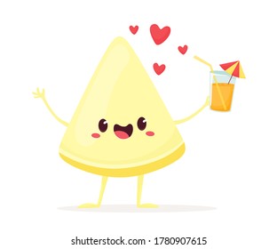 Una rebanada alegre de melón con una bebida en la mano. Ilustración vectorial al estilo de las caricaturas planas.