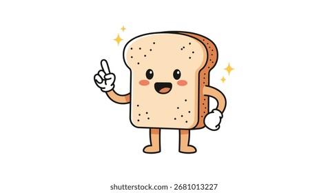 Uma fatia alegre de torrada com um halo brilhante e um dedo indicador levantado.