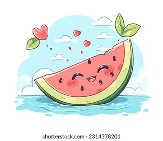 A cheerful slice of watermelon is having a good time at the beach