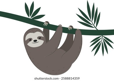 A cheerful sloth clings to a green branch, showcasing a relaxed expression amidst vibrant green foliage, embodying a tranquil jungle atmosphere.