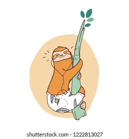 Cheerful sloth crawling up tree branch and listening to music. Smiling wild exotic animal. Cute cartoon character isolated on white background. Childish cartoon vector illustration in flat style.