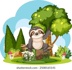 A cheerful sloth in a lush forest