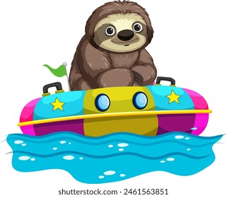 Cheerful sloth on a colorful boat in water