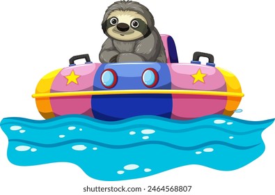 A cheerful sloth riding a colorful bumper boat