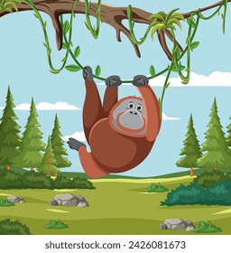 Cheerful sloth swinging on a vine in a lush forest