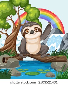 A cheerful sloth waving near a rainbow