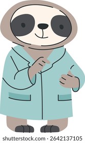 A cheerful sloth wearing a robe with a playful expression in cartoon style. The sloth's content demeanor is highlighted by its relaxed posture. Cartoon vector illustration.