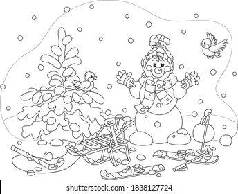Cheerful small birds flying around a smiling cute toy snowman with a warm scarf and a hat, skis and a sledge on a snowy playground in a winter park, black and white outline vector cartoon