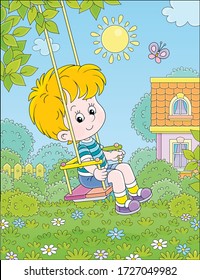 Cheerful small boy swinging with a merry flittering butterfly in a pretty green yard of a summer house in a village on a sunny warm day, vector cartoon illustration