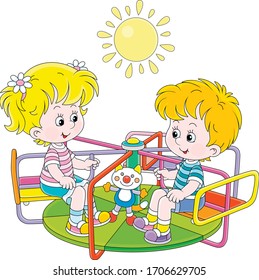 Cheerful small children playing and swinging on a colorful toy swing on a summer playground in a park, vector cartoon illustration on a white background